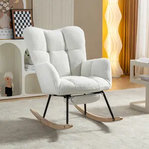 067-Teddy Fabric Leisure Rocking Chair With Adjustable Footstool,Nursery Rocking Chair, High Backrest, Storage Pocket On The Right Side,The Base Rocker Is Solid Wood And Metal,Ivory