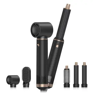 5-in-1 Automatic Curling Iron & Hot Air Brush - Interchangeable Nozzle Hair Dryer and Straightener Set, Multi-Functional Styling Kit with 5 Attachments for Salon Styles at Home