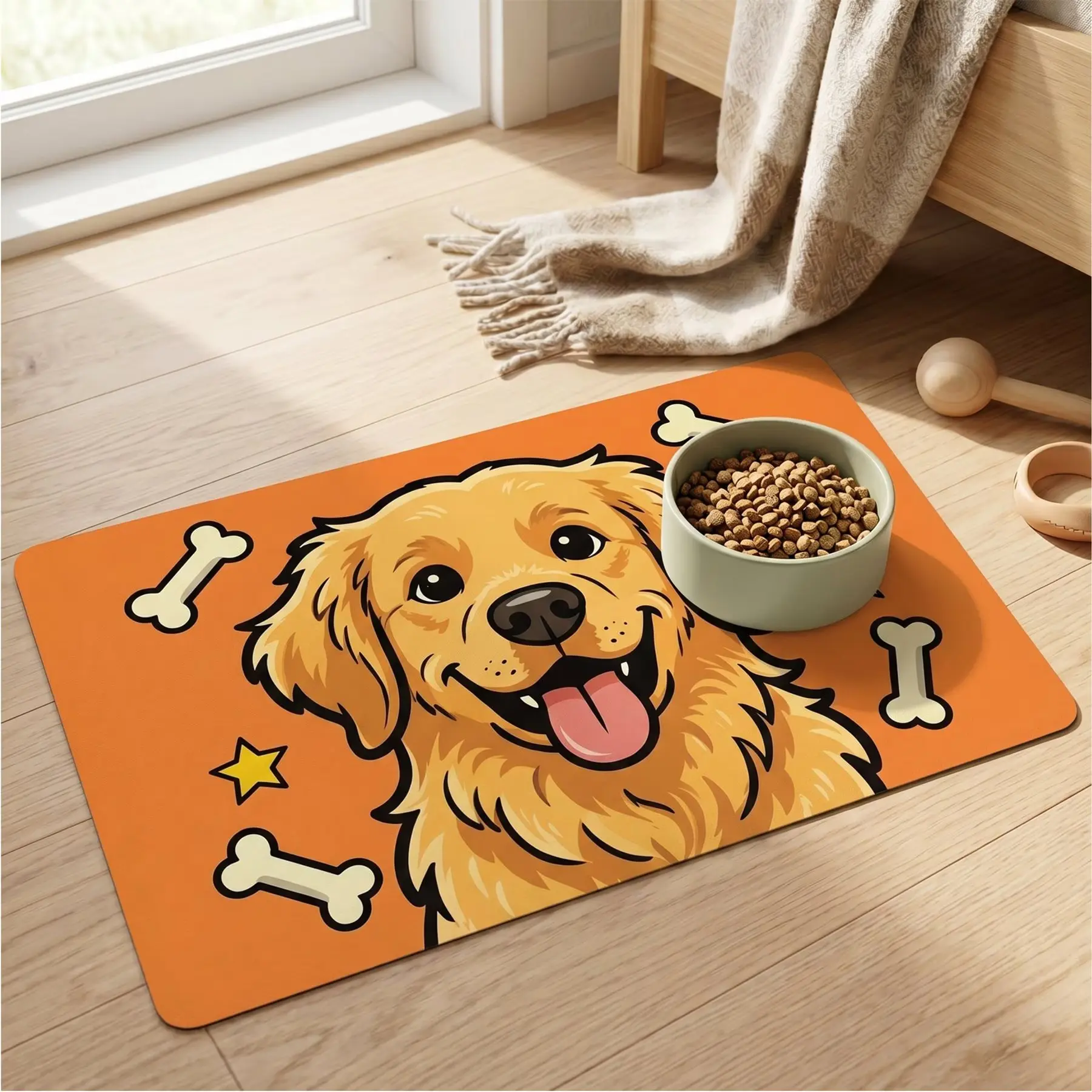 Furrybaby Golden Retriever & Bone Themed Waterproof Faux-Leather Pet Placemat, Vibrant Orange, Spill-Proof, Floor Protector for Small/Medium Dogs & Cats, Placemats