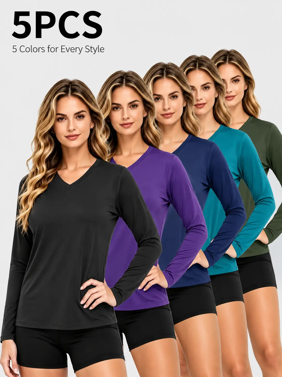 Women’s 5-Piece Fine-Mesh V-Neck Long Sleeve Tops, Lightweight Relaxed-Fit Casual Layering Set for Everyday Wear Womenswear Tshirt