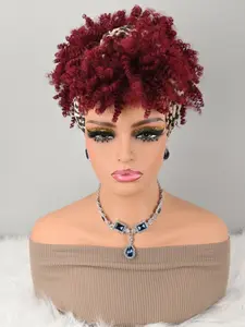 Women's Wine-Colored Wavy Leopard Print Wig, Hairband-Style Wig with Side Bangs, Synthetic African Wavy Hair Wig