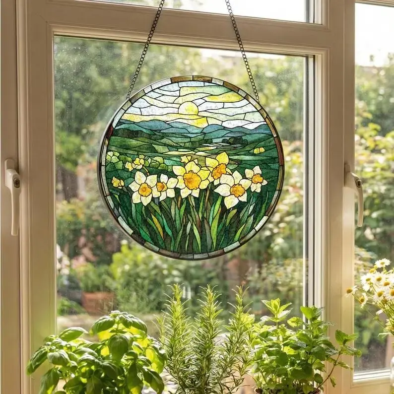 Daffodil Stained Glass Suncatcher – Yellow Floral Window Hanging, March Birth Flower Gift for Mothers Day, Gifts for Mom, Indoor Home Décor, Sympathy Memory Gift, Colorful Wildflowers Garden Suncatcher, Floral Glass Art, Gift for Mom