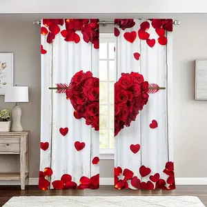 2 Romantic Red Rose and Heart Pattern Curtains Window Curtain - Valentine's Day Decoration. The rod pocket design makes hanging easy. Suitable for living rooms, bedrooms, offices, kitchens, and holiday homes. Ideal for living room use.