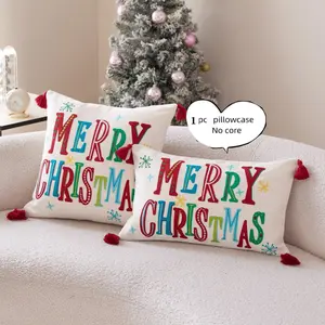 Christmas Holiday Atmosphere Fringe 3D Colorful Letter Embroidered Pillowcase, 1 Piece for Living Room Sofa Office Car Theme Party