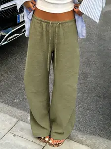 Women's Solid Color Loose Fit Adjustable Drawstring Waist Wide Leg Pants, Casual Breathable Long Trousers for Spring Summer, Elastic Waist Knit Women's Pants, Bottoms