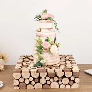 Wooden Cake Stand Square Design 18"x18" Natural Rustic Slices - Farmhouse Display Riser with Hollow Bottom