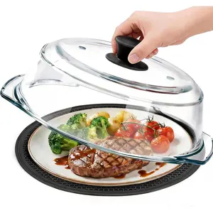 Glass Microwave Splatter Cover for  with Microwave Place Mat - Sturdy Plate Guard Lid with Vent Holes and Easy-Grip  Handle - , Dishwasher Safe (Black)