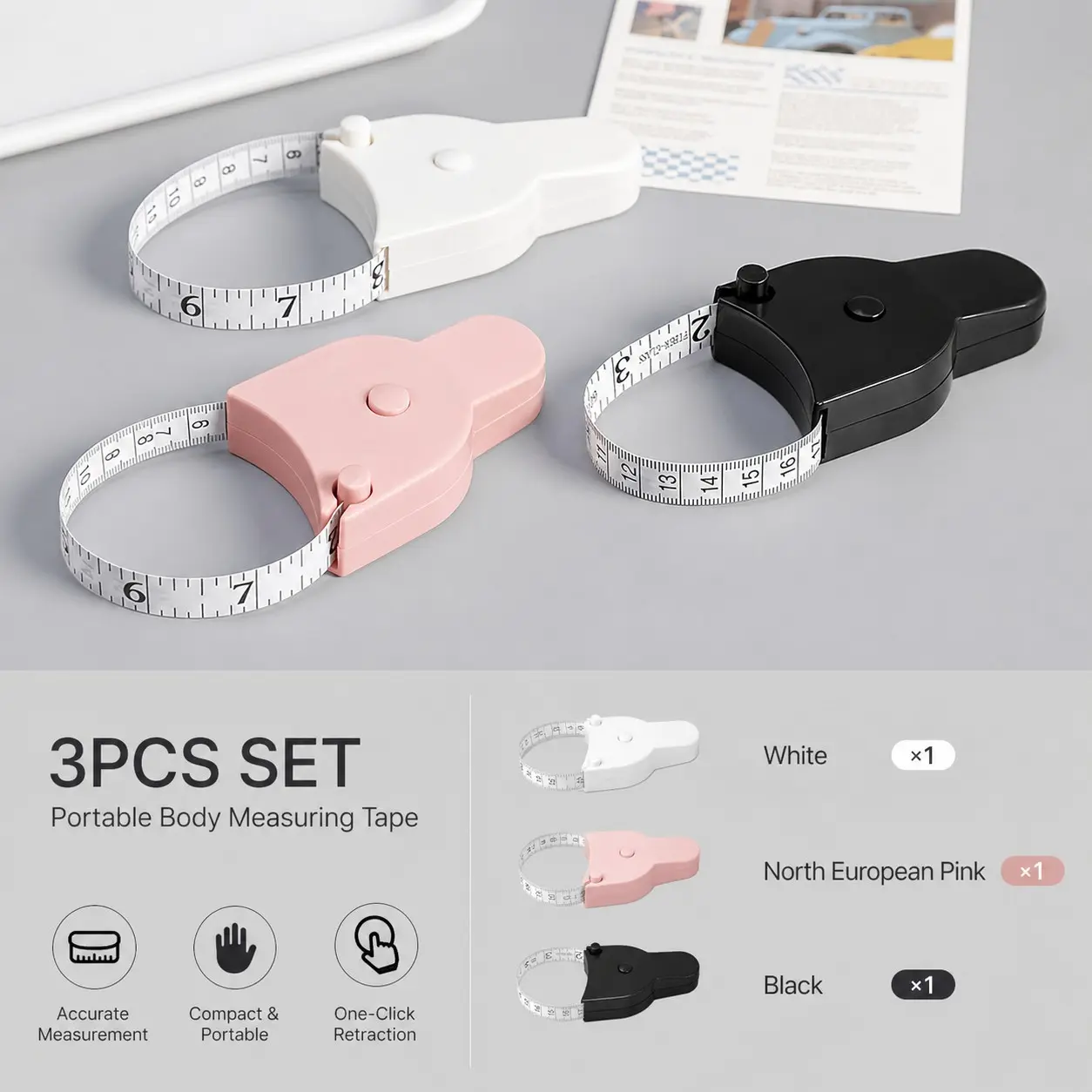 3Pcs Set White Pink Black Ergonomic Body Tape Measure Pin Lock Waist Circumference Soft Ruler Muscle Gain Progress Tracking Fitness Accessory Diet Wellness Item Measuring Instrument Retractable Measuring Tape Measurement Tape