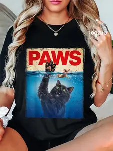 100% Cotton Unisex Paws Parody Black Cat Chasing a Cute Scared Mouse Top Kitten T-Shirt Casual Graphic Printed Vintage Tshirt