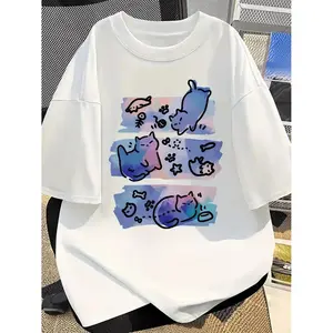 Casual Women's Cartoon Cat Print Round Neck T Shirt for Daily Wear Vacation and Outdoor Seasons