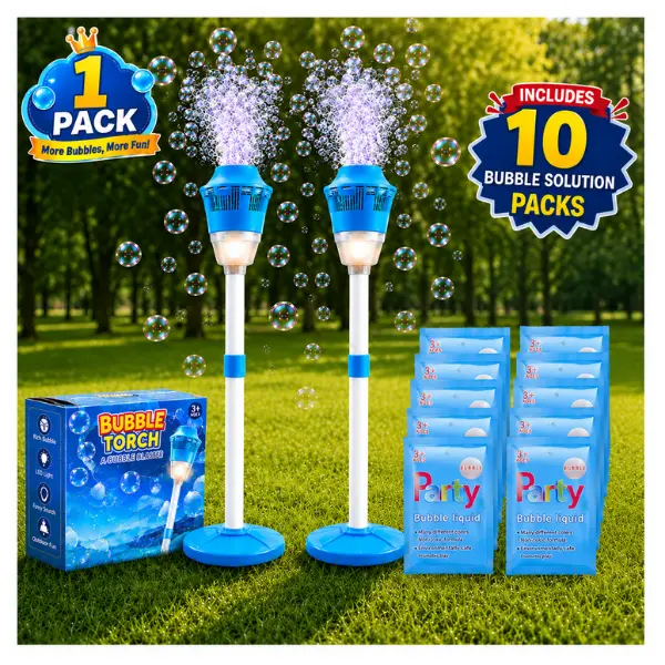 Automatic Bubble Machine + 10 PCS Bubble Solution Packs for Kids, Standing Torch Bubble Maker with Light & Music, Height Adjustable 21-47 Inches, Perfect for Birthday & Outdoor Parties, Bubble Toy & Gift for Toddlers Kids, Family Fun & Outdoor Play