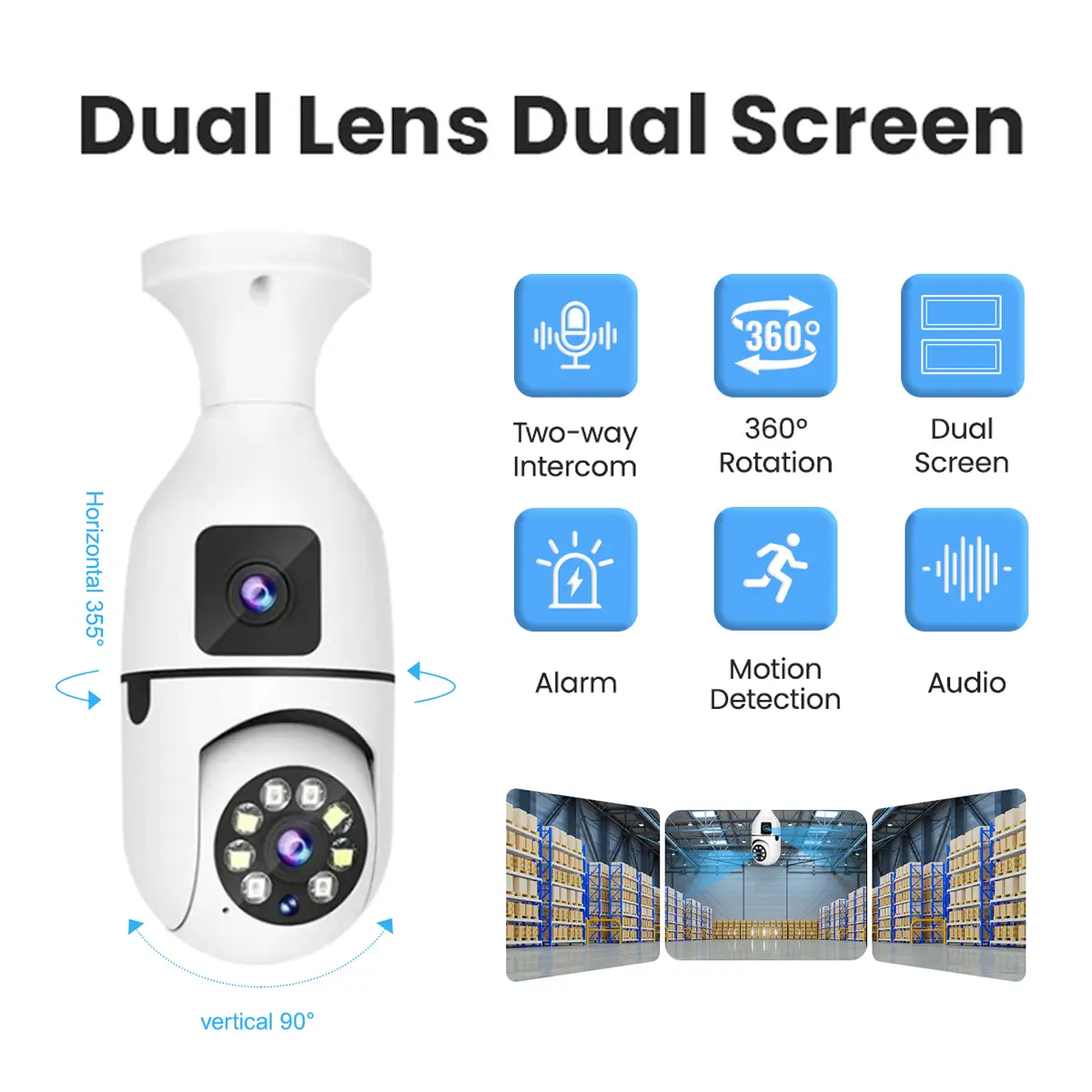 FlyCloud 2MP Dual-lens cam Light Bulb Security Camera wifismart camera 1080P Dual Lens 355° Pan 90° Tilt Two-Way Audio Night Vision Motion Human Detection AP Hotspot for Home Monitor Security Syste