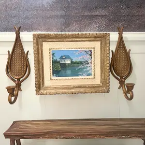 Vintage Artwork And Two Faux Rattan Tear Drop Candle Wall Sconce Bundle
