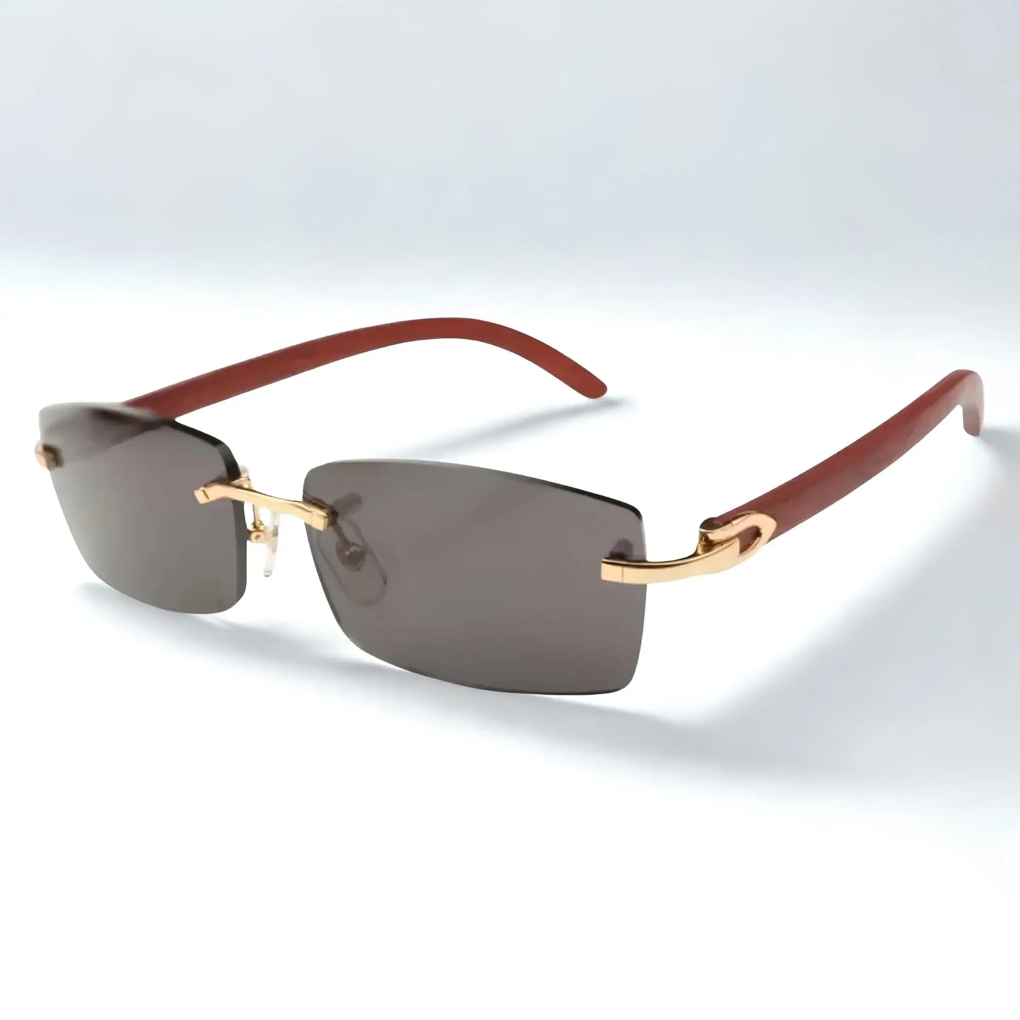 Solid Wood Polished Frame Sunglasses with Black Lenses, UV Protection, Natural Material, Universal Fit for Those Who Appreciate Natural Style, Rimless, Square, Unisex