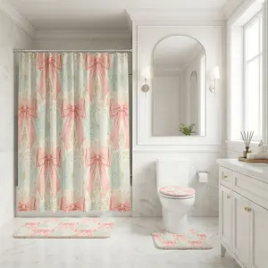 1/4PCS Pink Bow Bathroom Set with 12 Hooks, Coquette Shower Curtain, Toilet Lid Cover, Contour Rug and Bath Mat, Feminine Cottagecore Bath Decor
