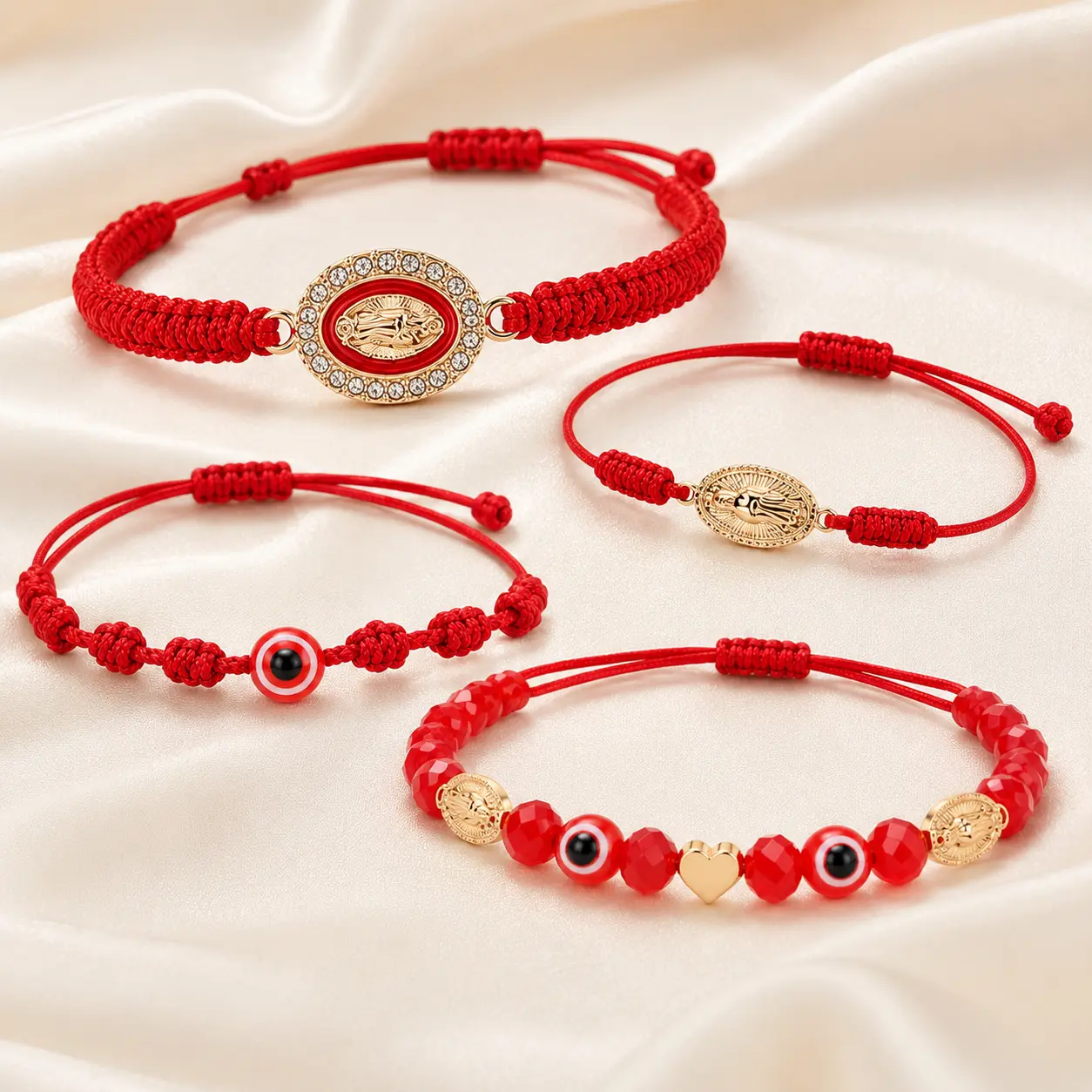 YLNWH 4-Piece Red String Bracelet Set with Evil Eye & Gold-Tone Charms, Adjustable Braided Beaded Bracelets for Women Men, Family Friendship Jewelry Gift