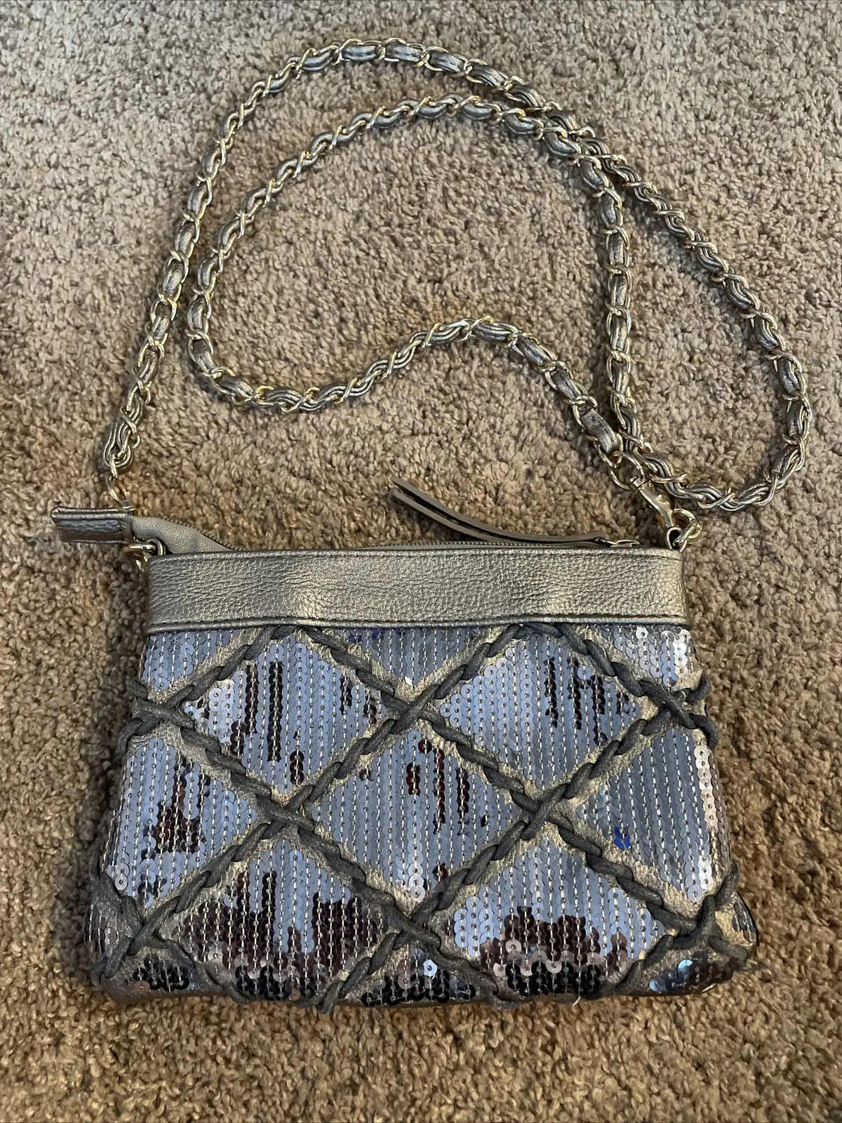 Big Buddha Cross Body Purse Woman’s Small Gray Tone Gold Chain Handle