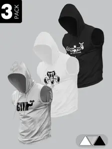 Men's 3-piece hooded sleeveless gym vest, Yoga sports vest, featuring barbell and 'no pain, no gain' pattern silk screen printed, slimming and highlighting muscle contours, layered multi-color set for gym workouts