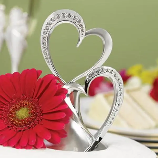 212 MAIN Double Hearts Rhinestone Cake Topper - 3.25" Diameter Base, 5.5" Tall, Sparkling Wedding Decoration, Festive Home & Party Supply Accessory