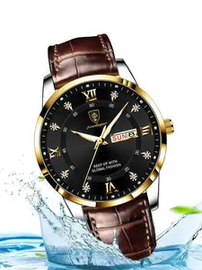 Men's Leather Watch Strap Dial Rhinestone Markers Luminous Hands Calendar Date Stainless Steel Case 30m Waterproof Quartz Gift