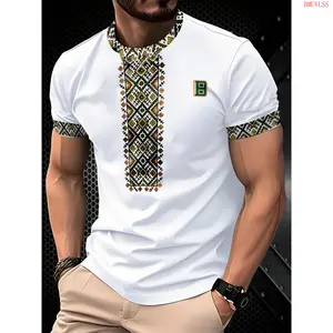 Bmuvlss Men's White Geometric Print Casual T-Shirt - 100% Polyester, Breathable & Moisture-Wicking, Machine Washable, Regular Fit for All-Season Comfort, Breathable Clothing |   Geometric Pattern Shirt |   Comfortable Fit