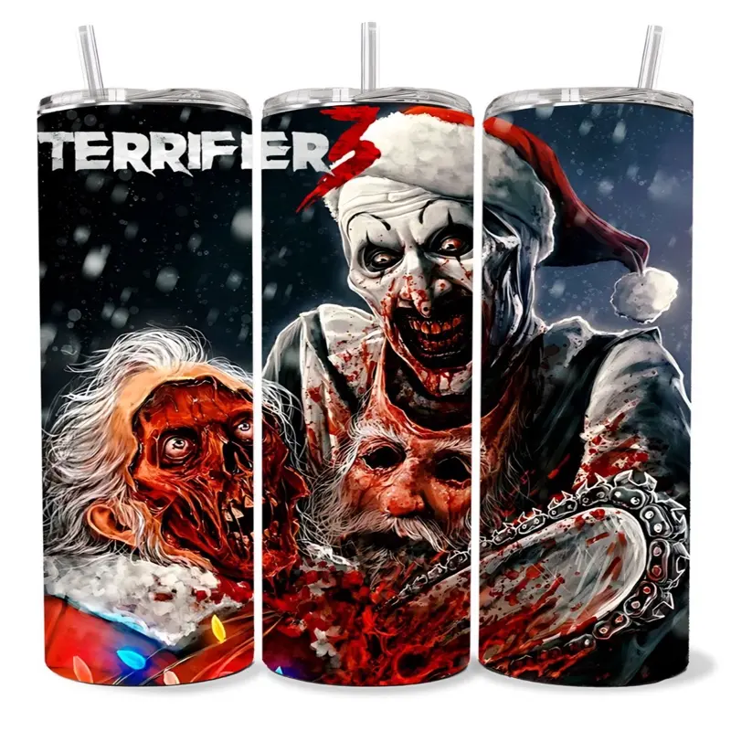 Terrifier 20 oz Tumbler - BPA Free, Stainless Steel, Leak Proof, Clear Lid, Includes Straw