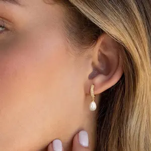 Tewiky 14K Gold Plated Hypoallergenic Freshwater Pearl Earrings for Women 5A Cubic Zirconia Pearl Dangle Earrings Elegant Prom Wedding Trendy Jewelry Gifts For Valentine's Day gifts