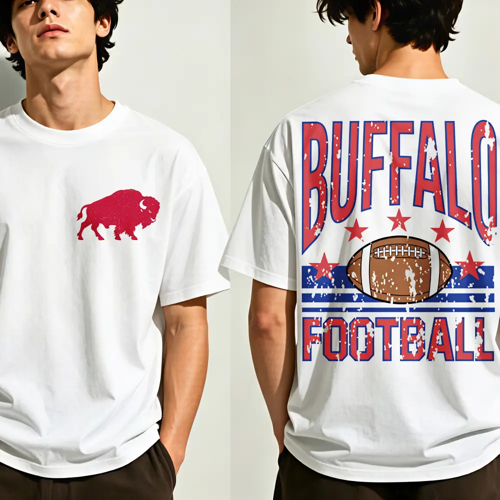 2 Sided Printing Buffalo Football Shirt Vintage Distressed Style T-shirt Front Back Buffalo Game Day T-shirt for Fans