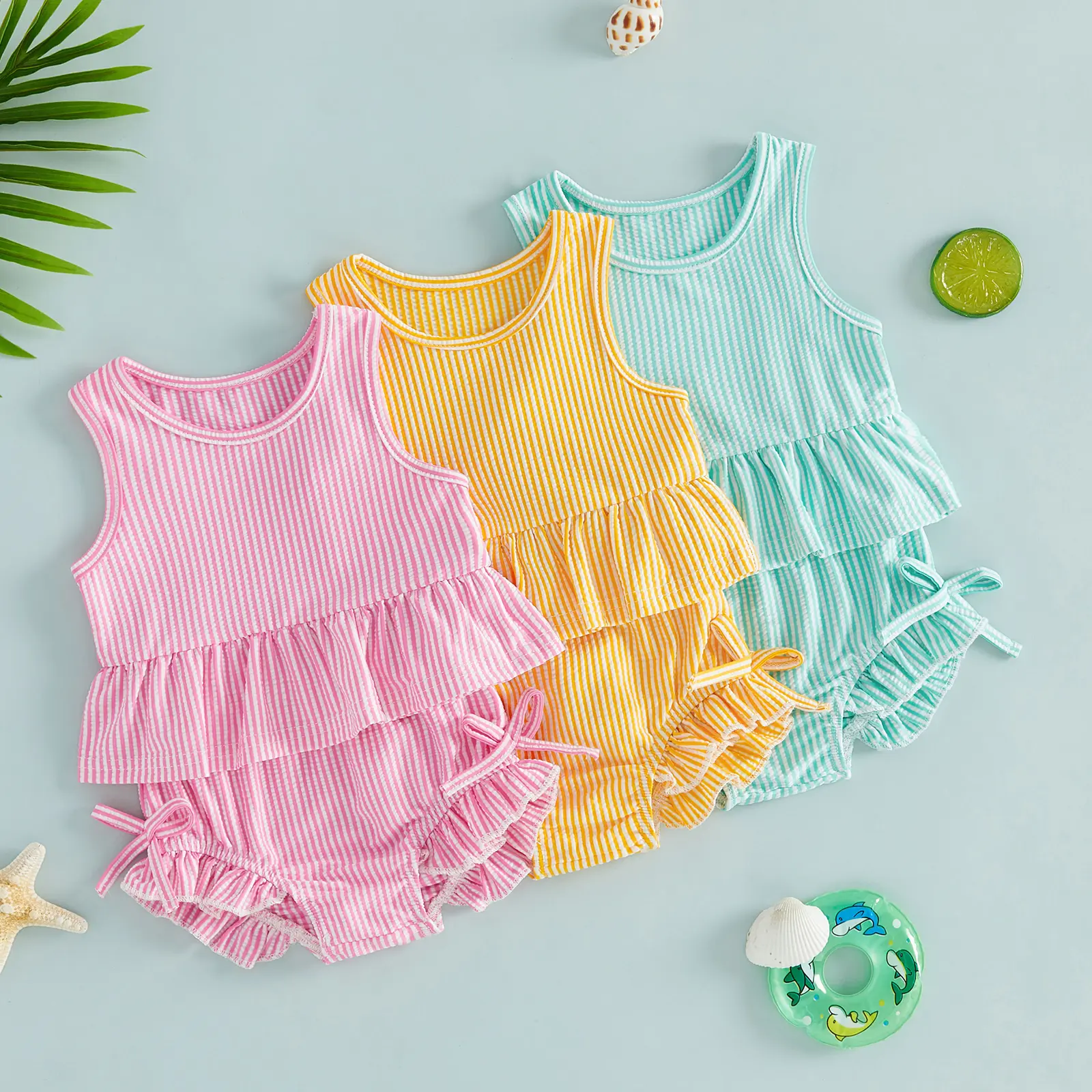 Canrulo Baby Swimsuit Girl Toddler Bikini Sets Sleeveless Ruffle Striped Bathing Suit Infant Beach Swimwear