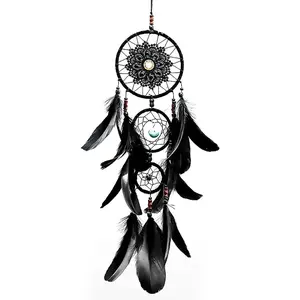 Pretty Jolly Black Gothic Dream Catcher Wall Decor Handmade Woven Feather Macrame Dream Catchers Wall Hanging for Bedroom,Living Room,Wedding Party,Home Decor-Black 3 Rings 22.4"