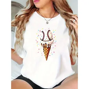 Women's Baseball Ice Cream Cone Graphic T-Shirt, Summer Casual Sports Fan Tee with Colorful Sprinkles & Melting Ice Cream, Cute Athletic Game Day Apparel 100% Cotton T-shirt