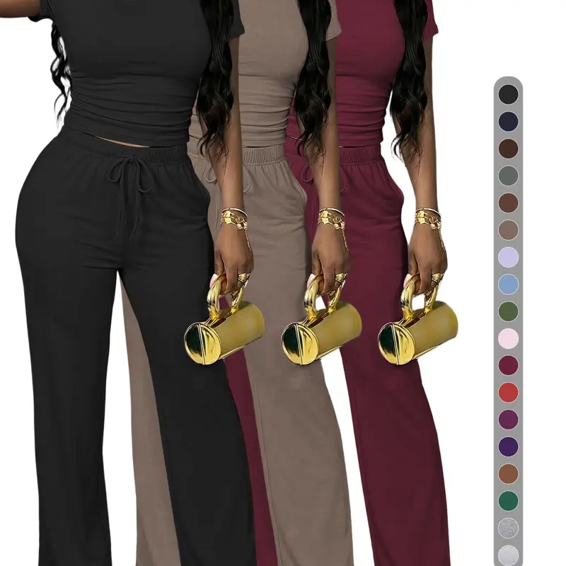 Women's Slim-Fitting Short Sleeve Tee & Loose High Waisted Wide-Leg Pants, Casual Basic Fashion Lounge Set, Clothes, All-Season Wear