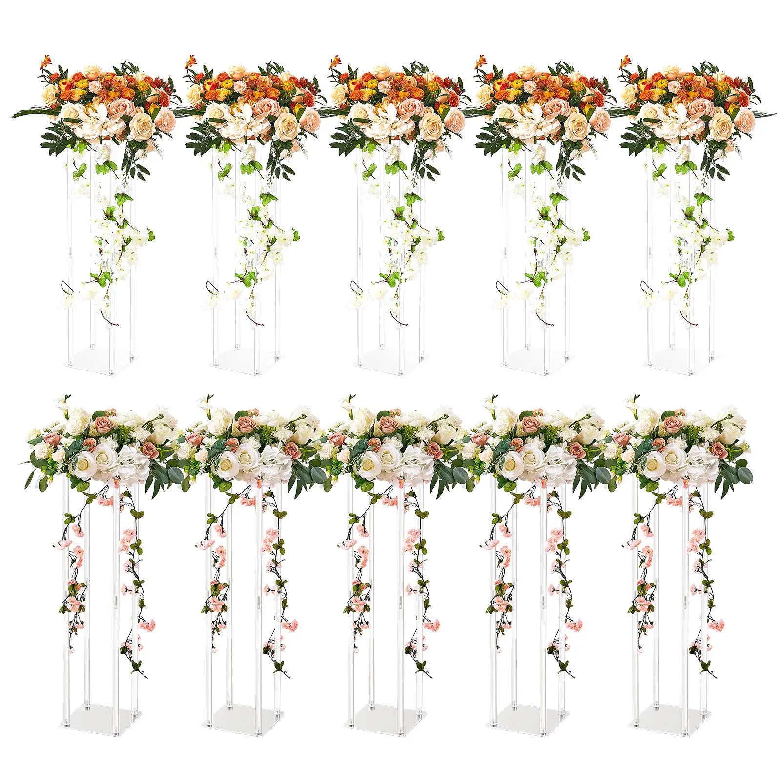 VEVOR 10PCS 23.6in High Transparent Acrylic Column Frames with Shelves & Light, Round Wedding Flower Stand with Laminate, Geometric Centerpiece Racks for T-Stage Receptions, Festive Decorations & Artificial Plants Decor