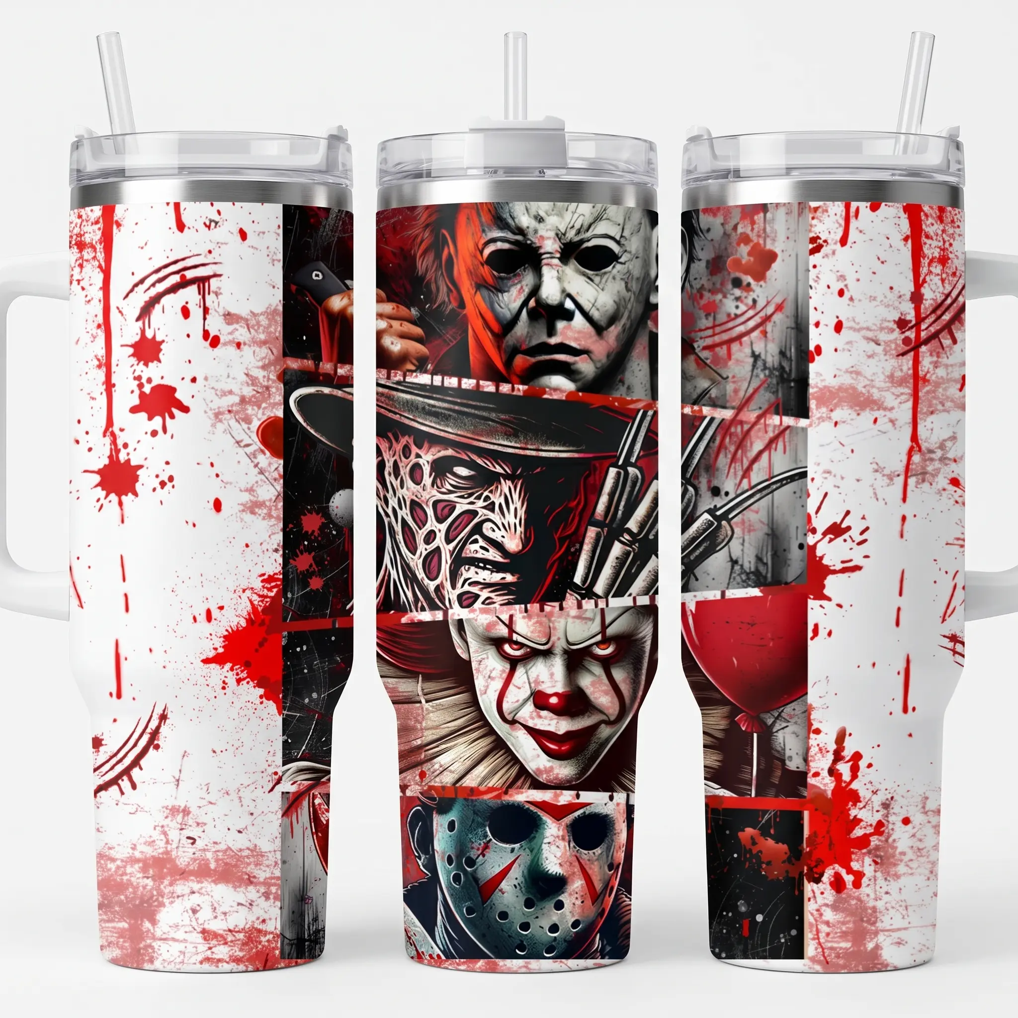 Horror Movie Characters Tumbler With Handle 40oz, Michael Myers Freddy Pennywise Jason Bloody Splatter Travel Mug, Insulated Stainless Steel Water Bottle Straw Cup, Comic Panel Large Halloween Aesthetic, Merchandise Gifts For Horror Fans