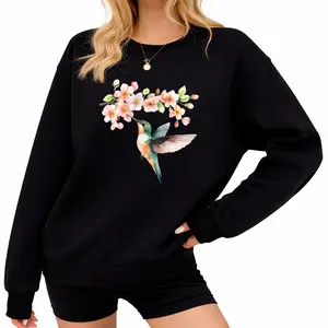 Boho Floral & Hummingbird Print Sweatshirt for Women – Casual Long Sleeve, Lightweight & Comfortable