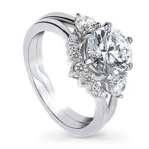 BERRICLE Sterling Silver 3-Stone Wishbone 7-Stone Engagement Rings Statement Stackable Band for Women, 2 Carat Round Cut Cubic Zirconia CZ Ring Set