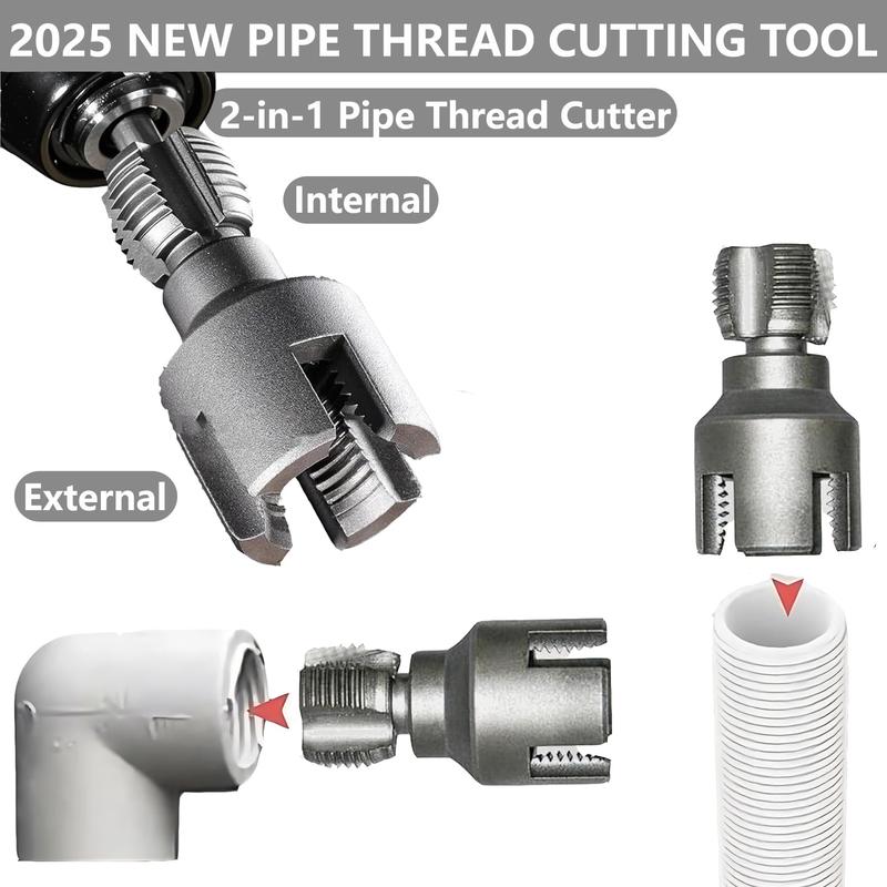 2PCS Integrated Internal & External Pipe Threading Tool with 1/2'' & 3/4'' Dies, Electric Drill Compatible 2 in 1 Pvc Pipe Threader Kit, Dual-Function Pipe Thread Cutting Tool