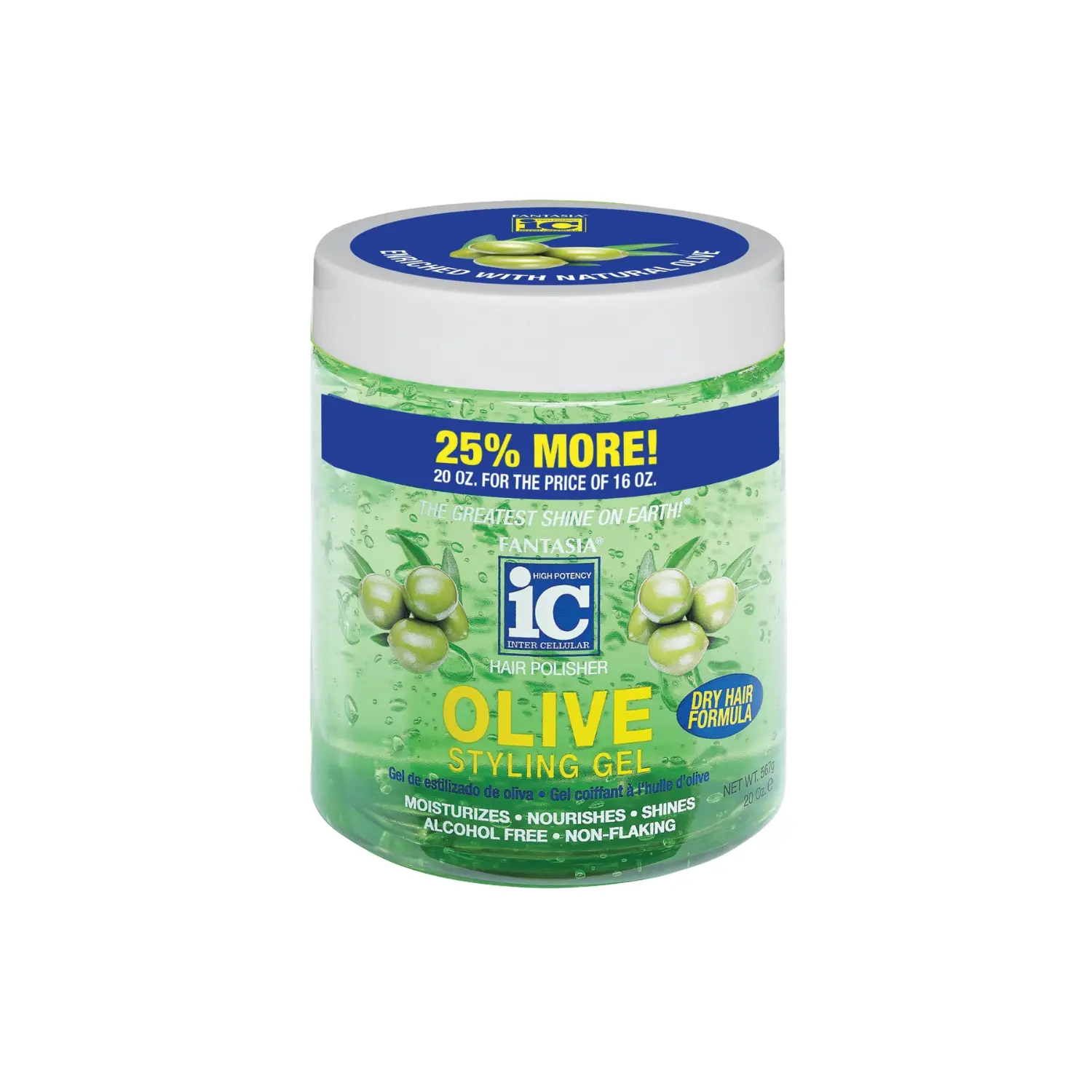 Fantasia IC Olive Styling Gel (20oz) - Alcohol-Free Unisex Hair Gel, Lightweight, Strong Hold, Shiny, Volumizing, Normal & All Hair Types, Olive-Enriched Daily Haircare Product, Ci 42090 (Blue #1), Disodium Edta
