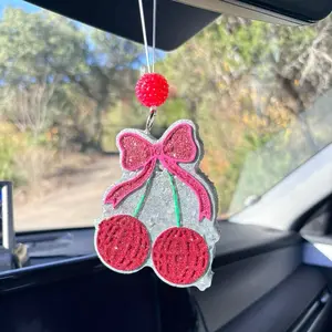 Cherry Disco Ball Car Freshie with Glittery Red Cherries Black Ice Midnight Leather Vanilla Sunkissed Vanilla Mocha & Pink Bomb Scents