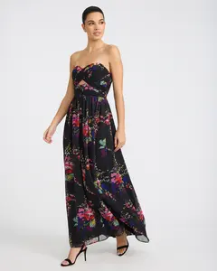 Express Floral Strapless Twist Front Smocked Back Cutout Maxi Dress with Pockets