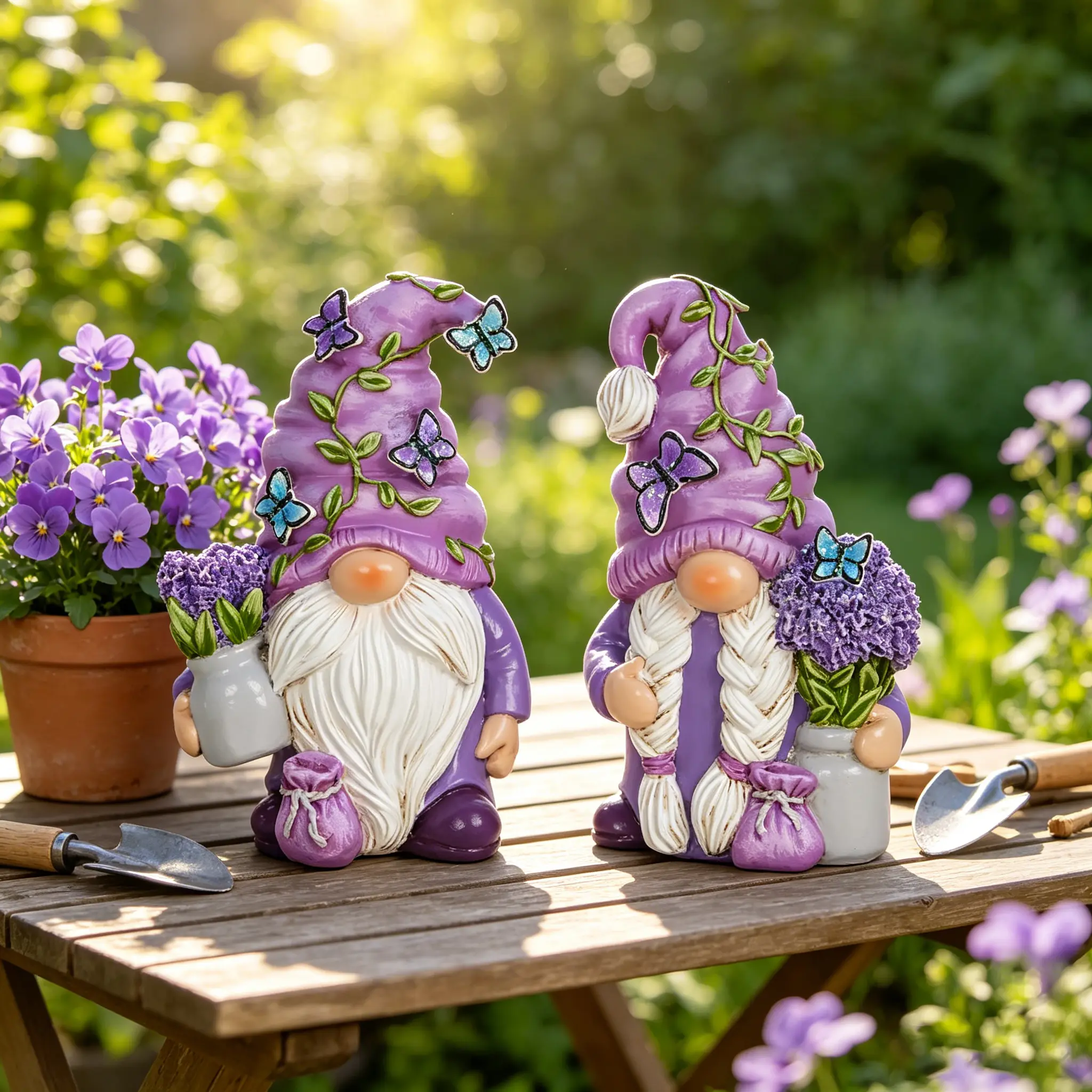 Sangeren 2-Pack Lavender Butterfly Gnome Resin Figurines Set, Purple Floral Cottagecore Statue Ornaments, Fairy Aesthetic Bedroom Decor, Patio Garden Accent, Housewarming Gift for Garden Lovers