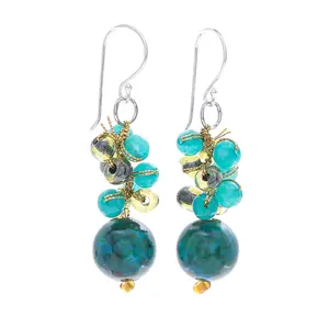 NOVICA Artisan Handmade Serpentine Quartz Beaded Dangle Earrings | Thailand Sterling Silver | Green Birthstone | 'Fun Circles in Teal' | 1.8" L x 0.6" W