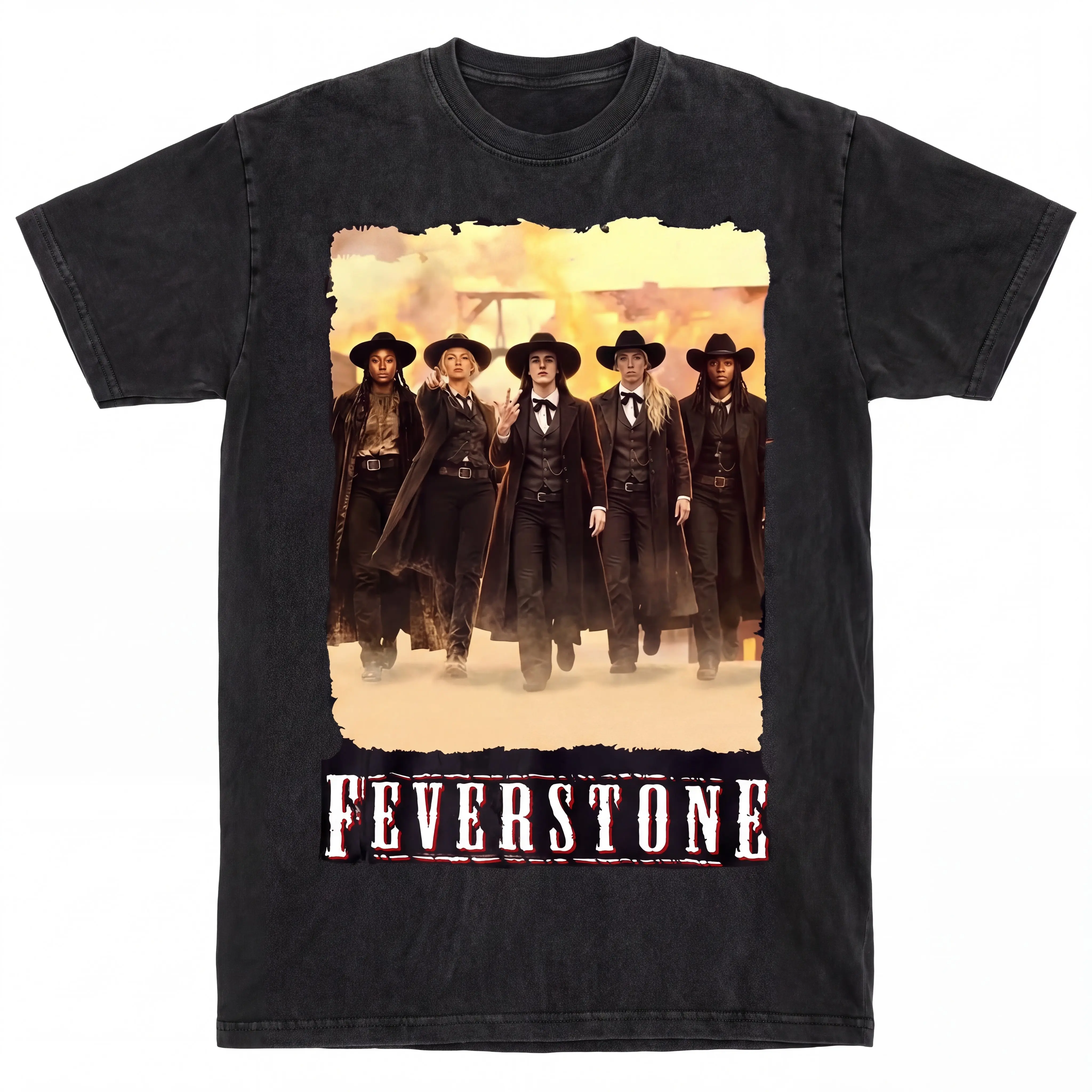 Feverstone Western Movie Vintage Wash Graphic T Shirt, Retro Outlaw Cowgirl Band Action Film Merch Tee, Aesthetic Grunge Short Sleeve Top, Casual Streetwear Outfit