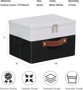 Storage Bins with Zipper Lid Cotton Linen Fabric Lidded Storage Baskets Boxes Foldable Washable Closet Shelf Clothes Organizer Container with PU Leather Handles Deep Blue Small