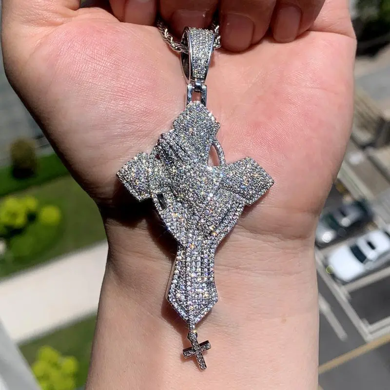 Praying Hands with Cross Chain Cubic Zirconia Pendant Necklace Hip Hop Jewelry Unisex Men Women Gift Daily Wear Christian Decor Praying Hands with Cross Chain Cubic Zirconia Pendant Necklace Hip Hop Jewelry Unisex Men Women Gift Daily Wear Christian Decor