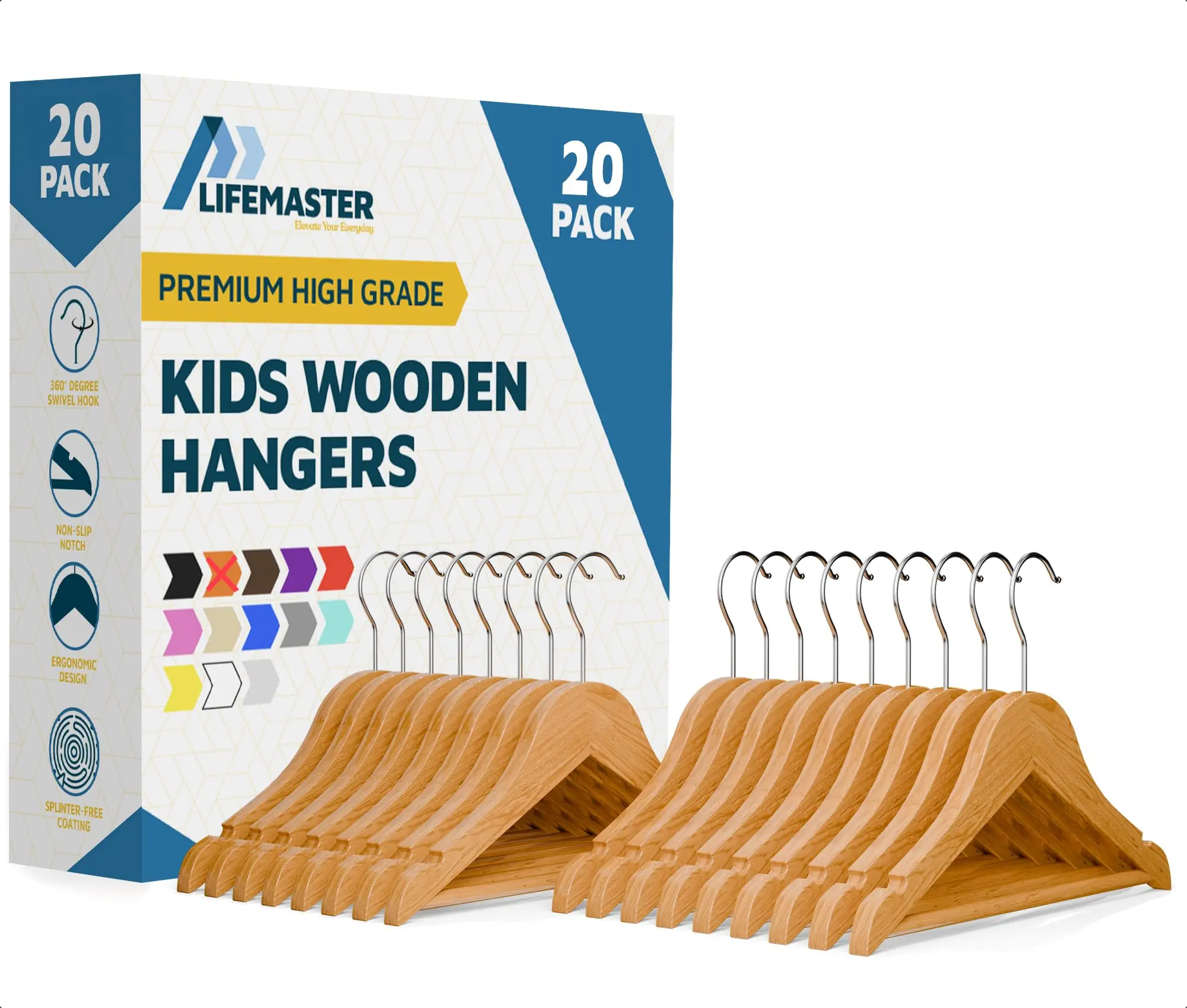 Natural Color Wooden Kids Hangers 20 Pack, Toddler & Baby Wooden Hangers, 11.8" Solid Maple Wood with 360° Swivel Hook, Pants Bar & Notches, Up to 7.7lb Capacity, Space-Saving Design for Ages 0–8