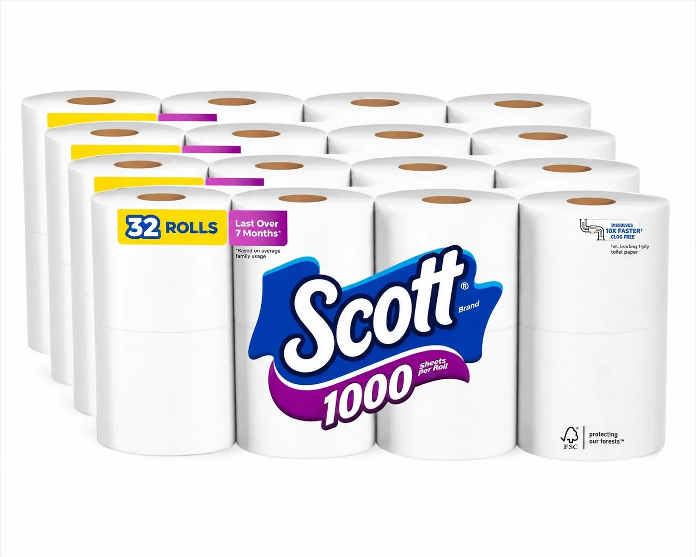 Scott 1000 Unscented 1-Ply Toilet Paper, 32 Sheet-Included Rolls, Septic-Safe for Low Flow Toilets & RV Users, Trusted Home Care Tissue