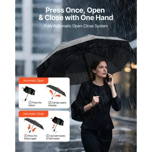 VEVOR Travel Umbrella, 42 in Portable Compact Umbrellas, Automatic Open-Close Umbrella, Lightweight Durable with Flexible Fiberglass Ribs, Windproof, Rainproof, and Sun-Blocking Canopy (Black)