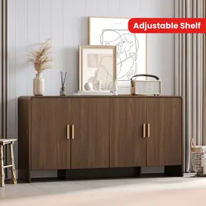 Buffet Cabinet with Storage Space, 60inch Large Kitchen Storage Cabinet, Comes with 4 Doors, Wooden Farmhouse Style Buffet Cabinet with Adjustable Shelves, Suitable for Kitchen and Living Room, Walnut Color