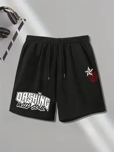 Men's Plus Size Colorful Print Shorts, Letter Pattern, Drawstring Waistband, Pockets, Summer Street Fashion Casual Athletic Wear Shorts, Casual Sports Shorts